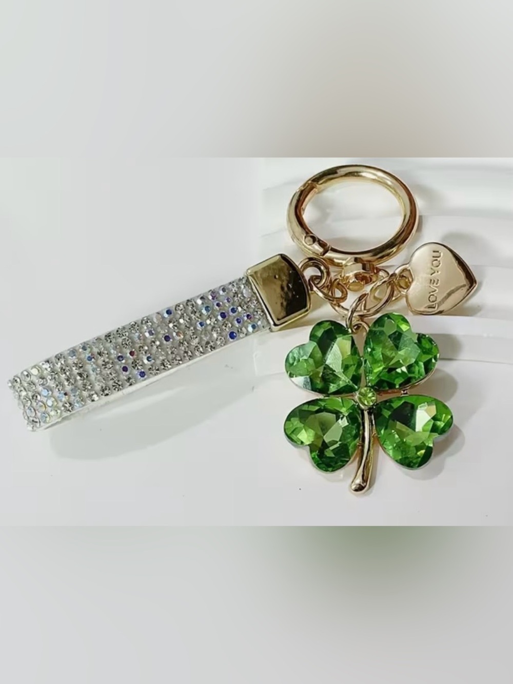 Green Crystal Four-Leaf Clover Keychain Charm with Rhinestone Strap